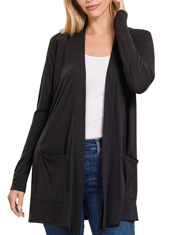 SLOUCHY POCKET OPEN CARDIGAN - (Black)