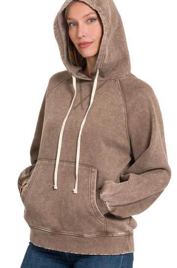 ACID WASH FLEECE HOODIE WITH POCKETS - (Mocha)