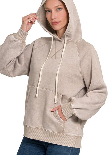 ACID WASH FLEECE HOODIE WITH POCKETS - (Ash Mocha)