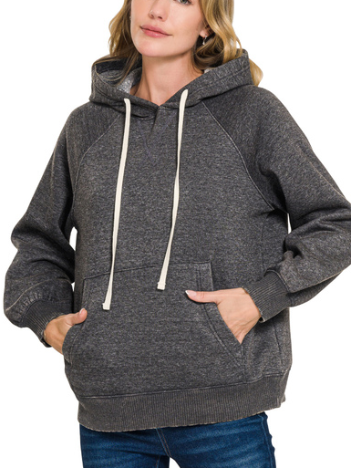 ACID WASH FLEECE HOODIE WITH POCKETS - (Ash Black)