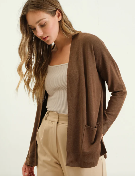 OPEN FRONT KNIT CARDIGAN - (Brown)