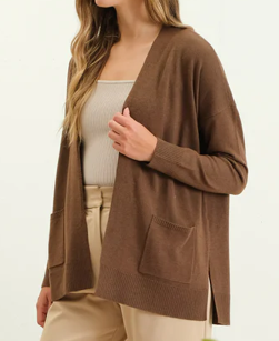 OPEN FRONT KNIT CARDIGAN - (Brown)