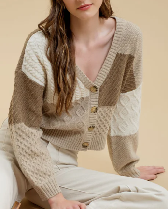 PATCHWORK CABLE KNIT CARDIGAN - (Taupe Multi)