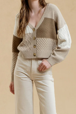 PATCHWORK CABLE KNIT CARDIGAN - (Taupe Multi)