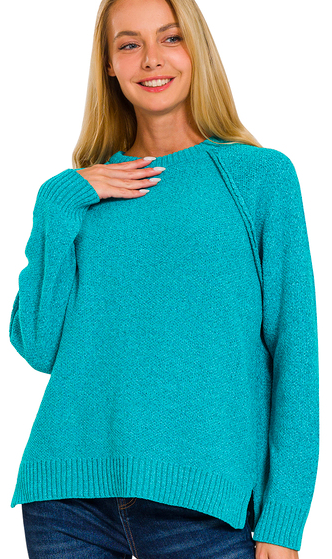 CHENILLE RAGLAN SWEATER - (Light Teal)