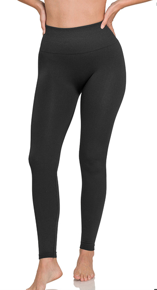 HIGH WAIST DIAMOND SHAPE BAND FLEECE LEGGINGS - (Black)