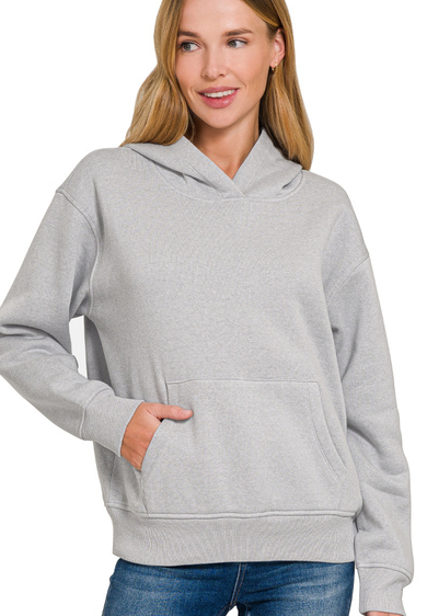 FLEECE KANGAROO POCKET HOODIE - (Heather Grey)