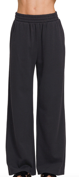 FLEECE DRAWSTRING PANTS WITH POCKET - (Black)