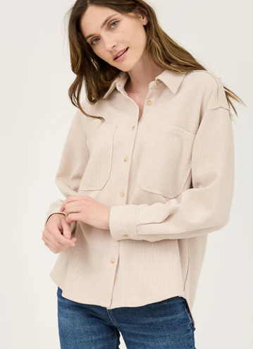 RIB KNIT EXPOSED SEAM BUTTON UP TOP - (Oatmeal)