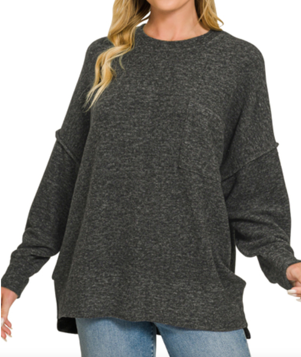 BRUSHED MELANGE DROP SHOULDER OVERSIZED SWEATER - (Black)