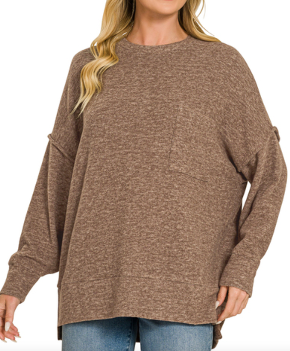 BRUSHED MELANGE DROP SHOULDER OVERSIZED SWEATER - (Brown)