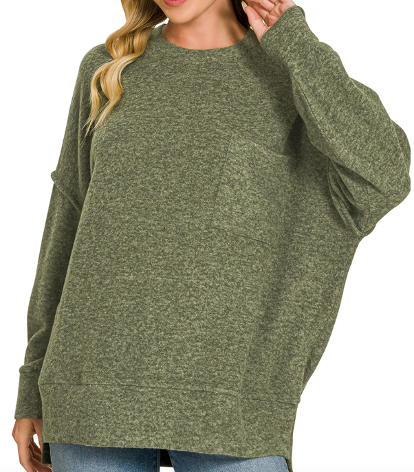 BRUSHED MELANGE DROP SHOULDER OVERSIZED SWEATER - (Dark Olive)