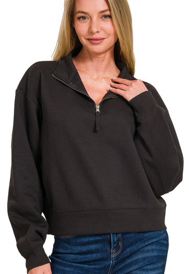 HALF ZIP FLEECE SWEATSHIRT - (Black)