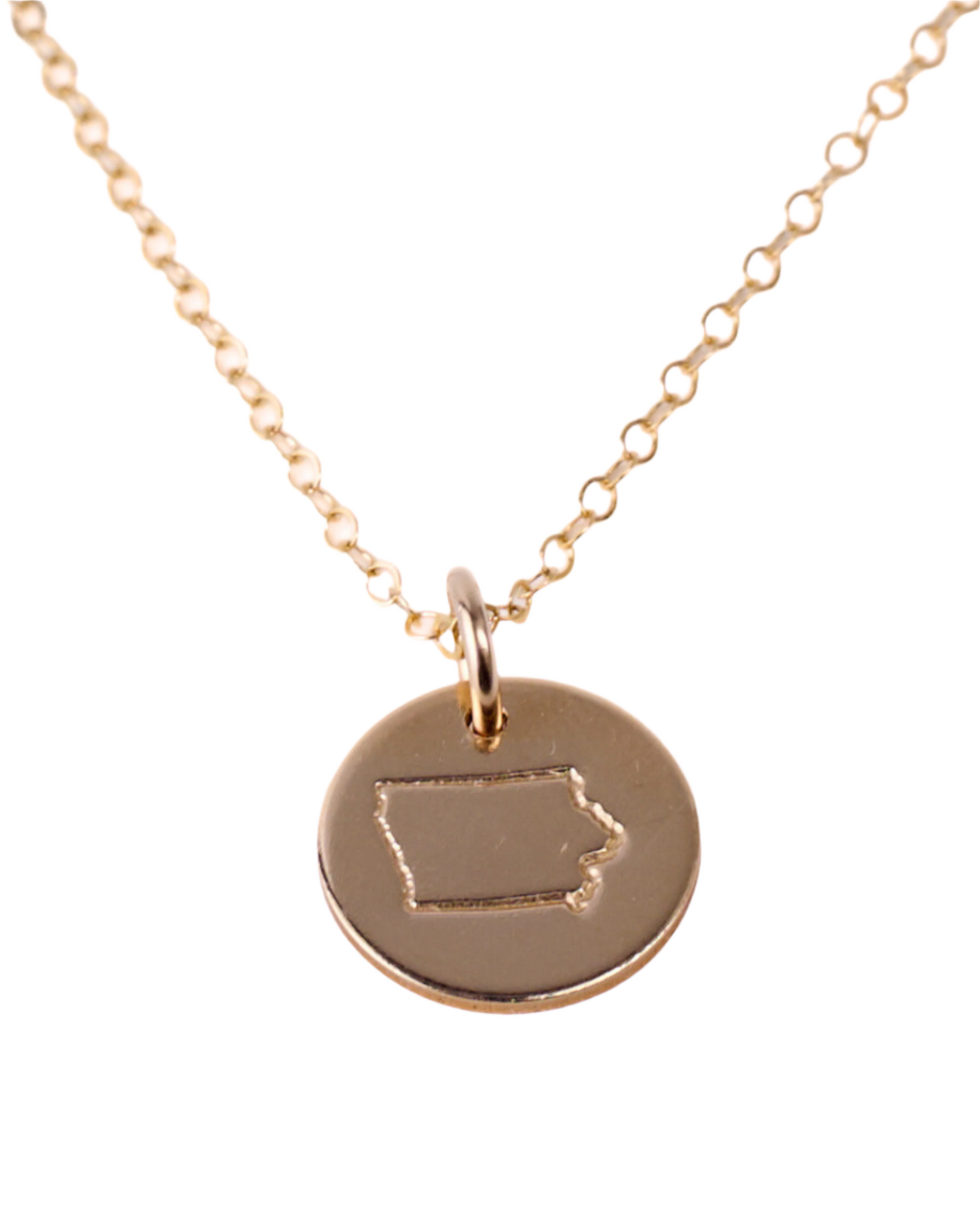 A necklace with a circular disc pendant engraved with a state outline, attached to a gold flat cable chain.