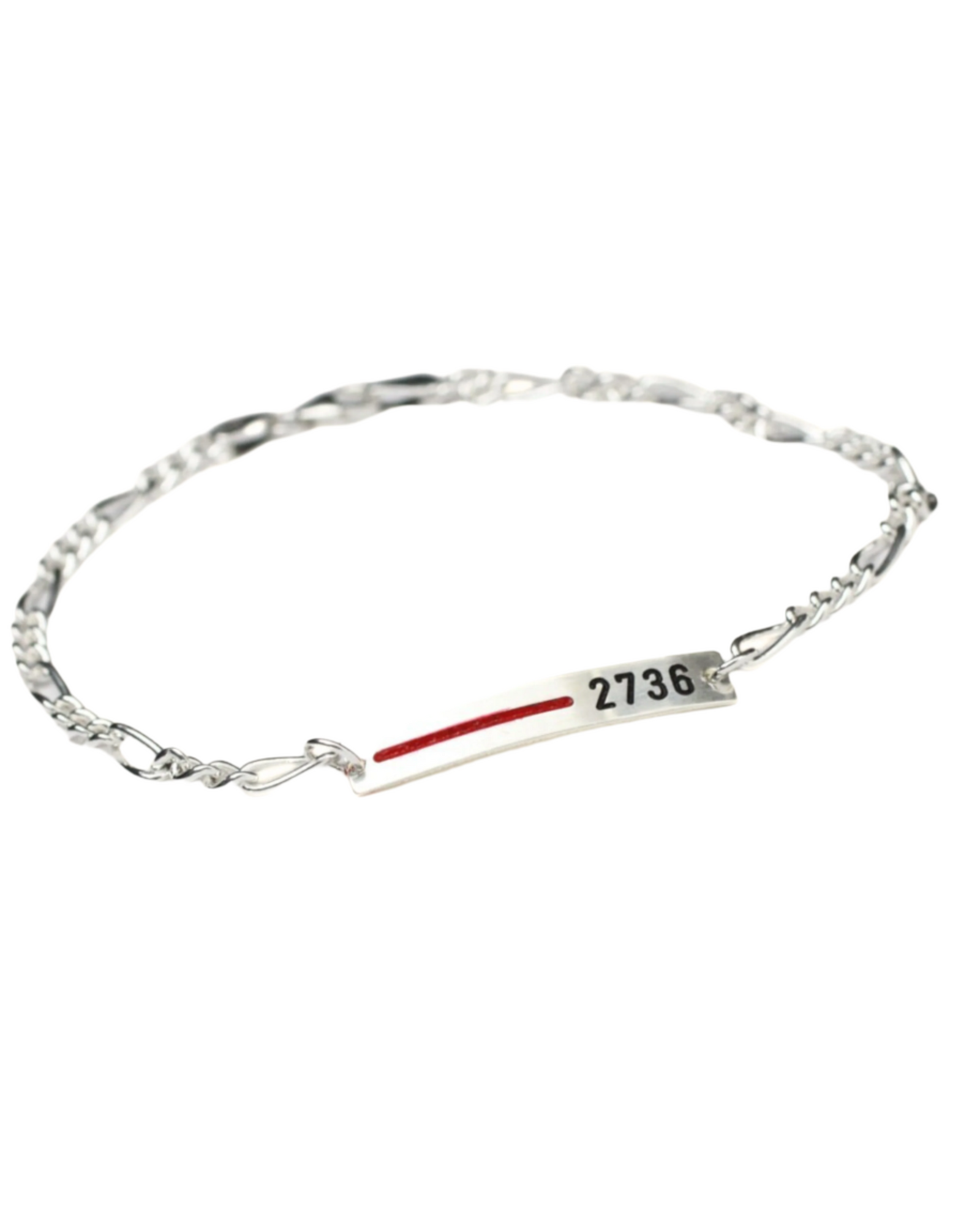 A sterling silver bracelet with a red line design and a bar charm featuring numbers '2136'.