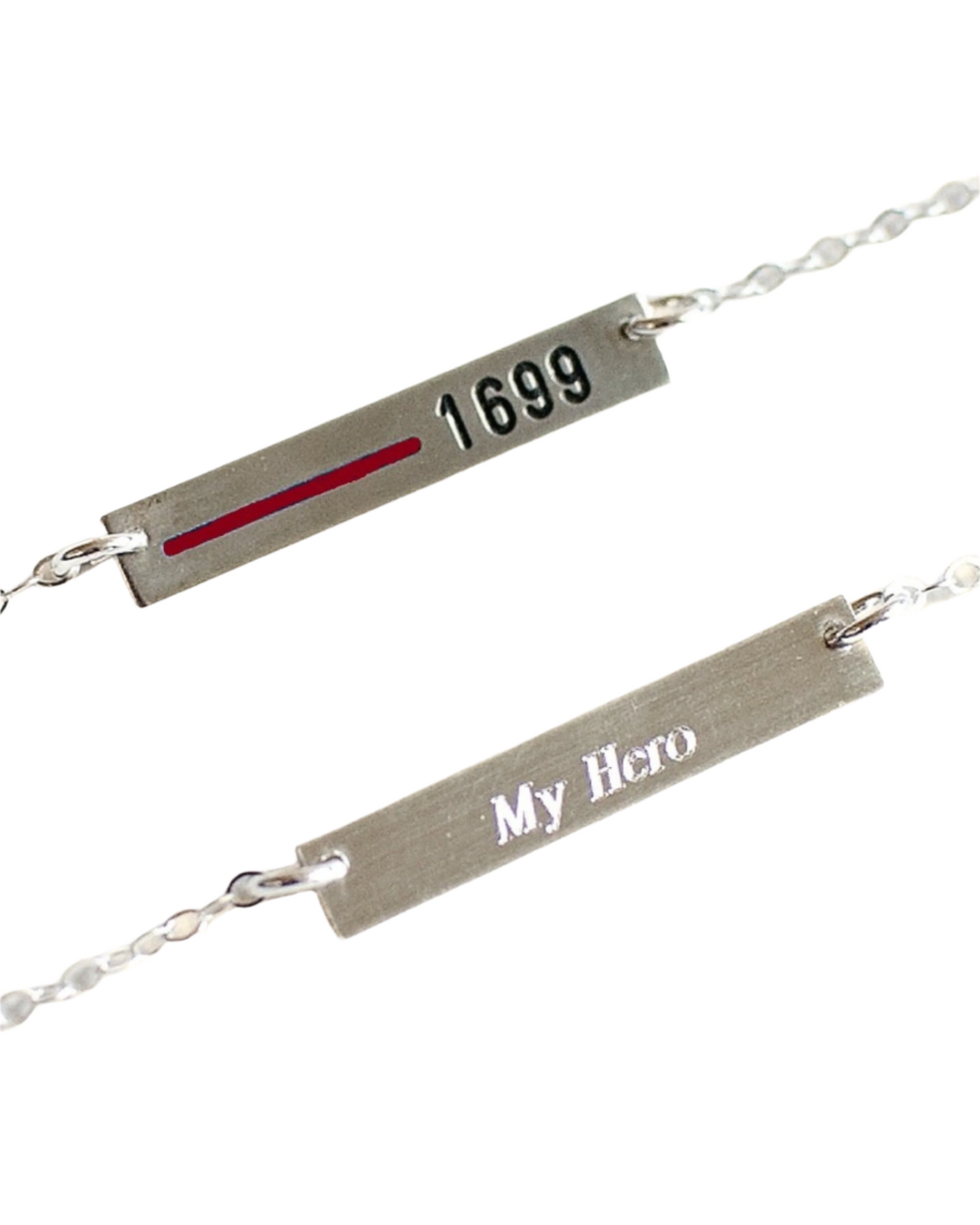 A silver necklace with a bar pendant featuring a red line design, personalized with the text '1699' and 'My Hero' on a white background.