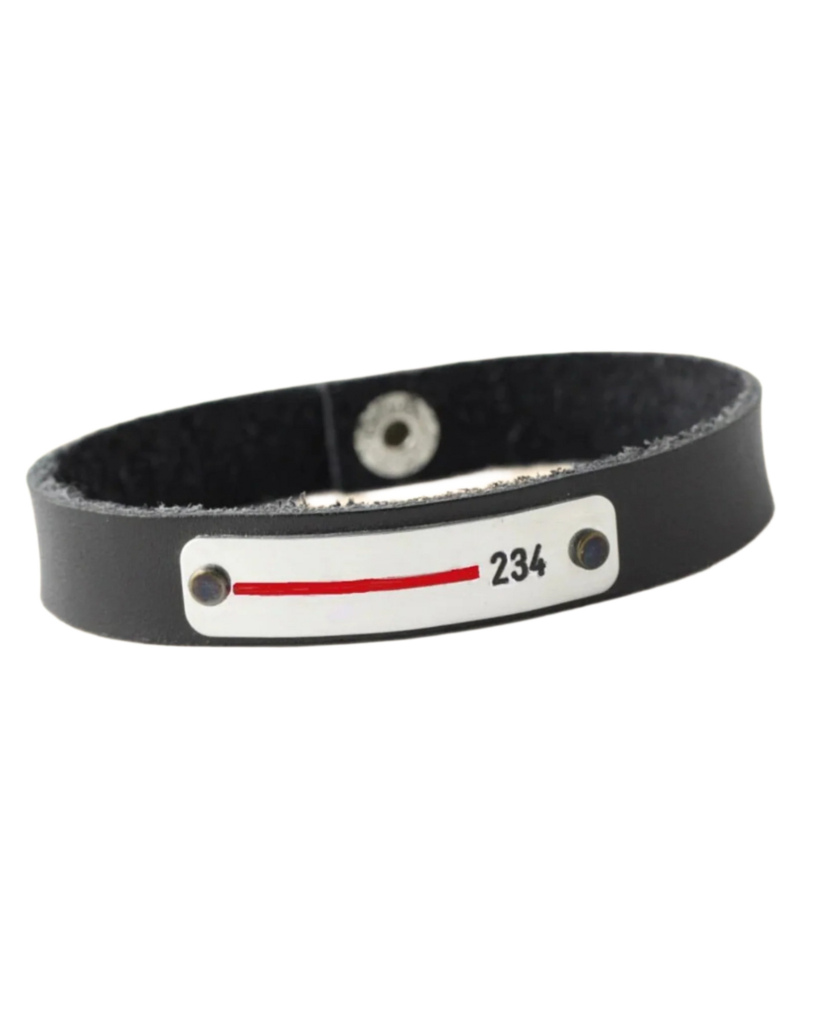 A black leather bracelet with a red line and a personalized badge number '234' engraved on a metal plate.