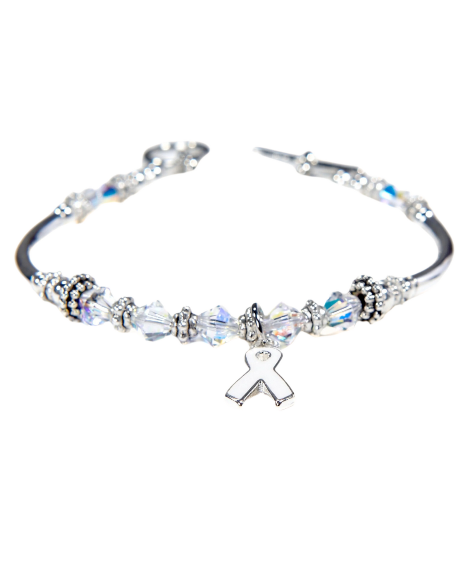 Silver bracelet with crystal beads and a central charm on a white background