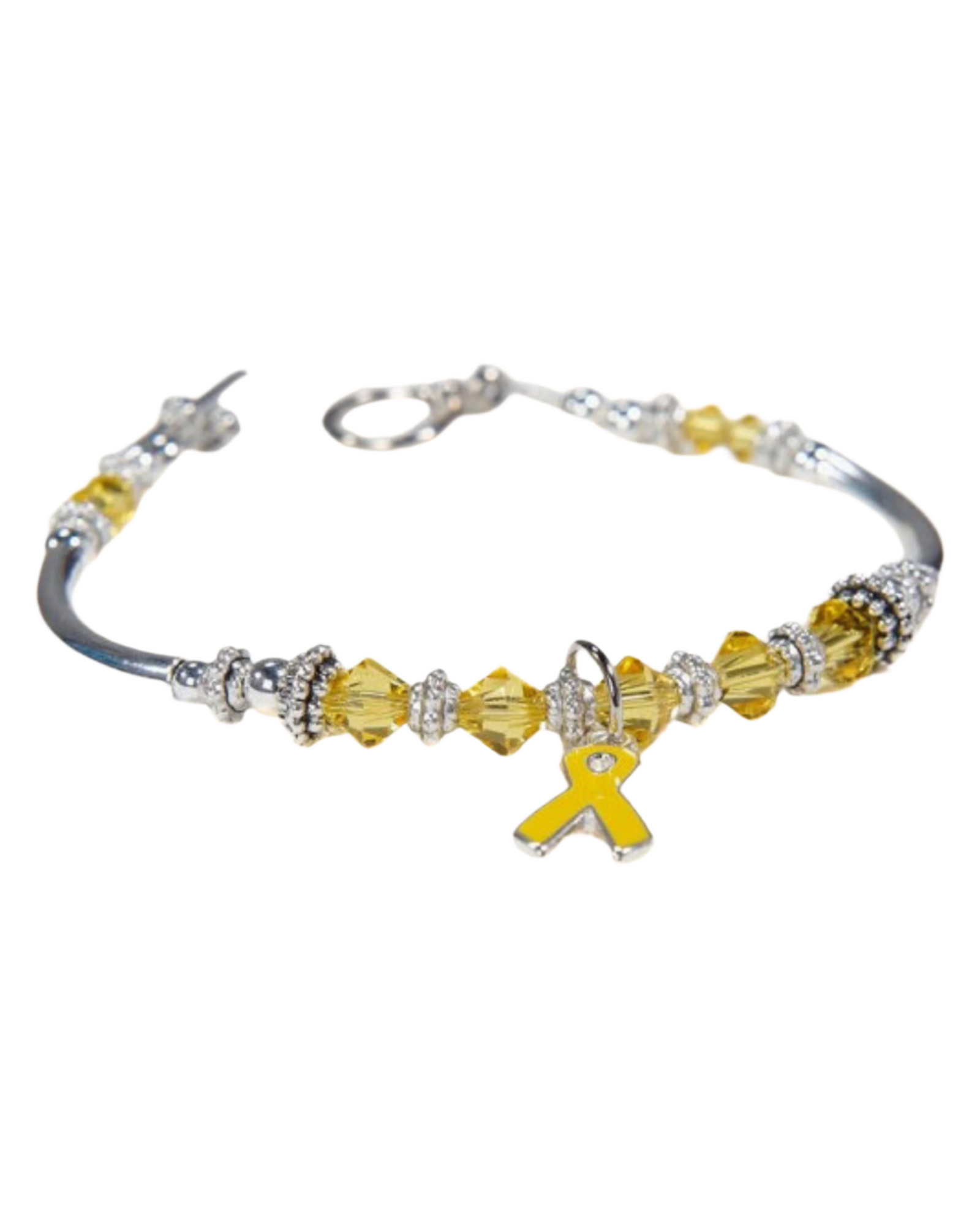 Bracelet with yellow ribbon charm and crystal beads on a white background