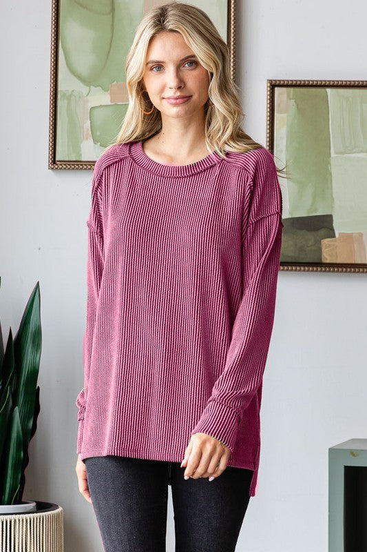 Rebecca Ribbed Pullover Top - (Maroon)