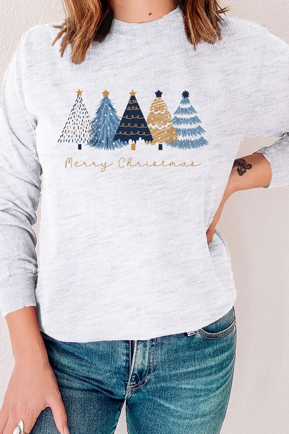 Blue &amp; Gold Merry Christmas Trees Graphic SWEATSHIRT - (Grey)