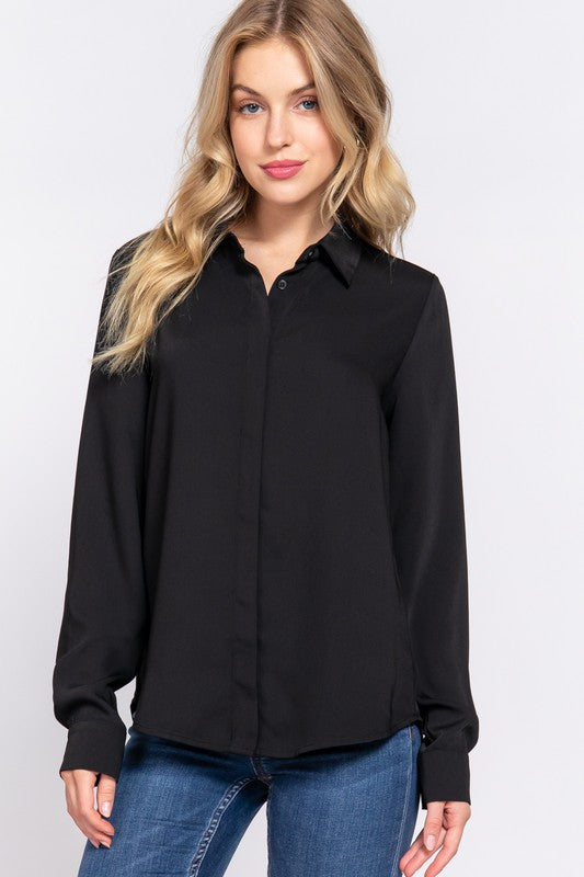 Meredith Woven Button Down Top- (Black)