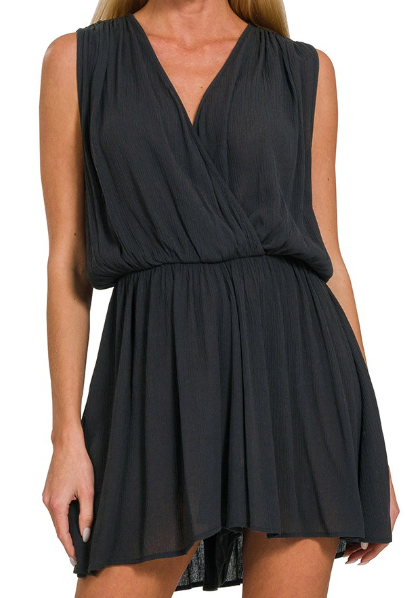 Claire Crinkle Draped Romper - (Black)