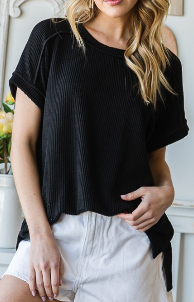 RESTOCK Ellie Ribbed Short Sleeve Top - (Black)