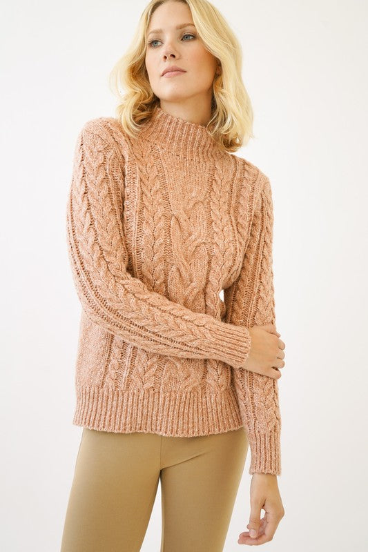 Faye Cable Knit Mock neck Sweater- (Blush)