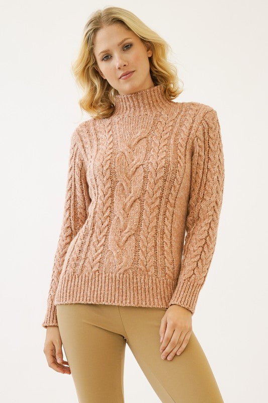 Faye Cable Knit Mock neck Sweater- (Blush)