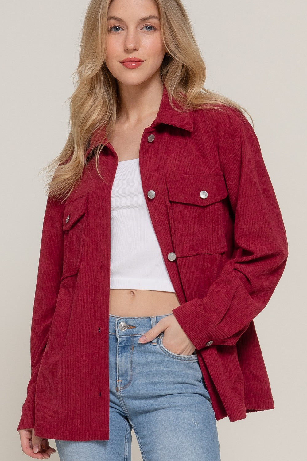 BUTTON DOWN CORDUROY JACKET - (Burgundy)