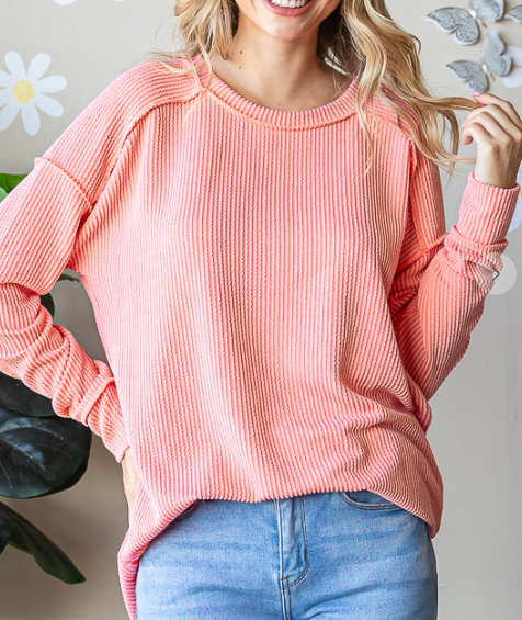 Rebecca Ribbed Pullover Top - (Coral)