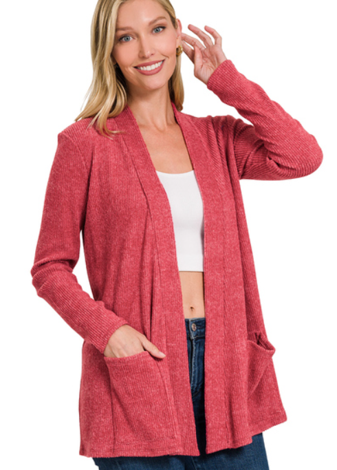 Cathy Open Front Cardigan - (Dark Red)