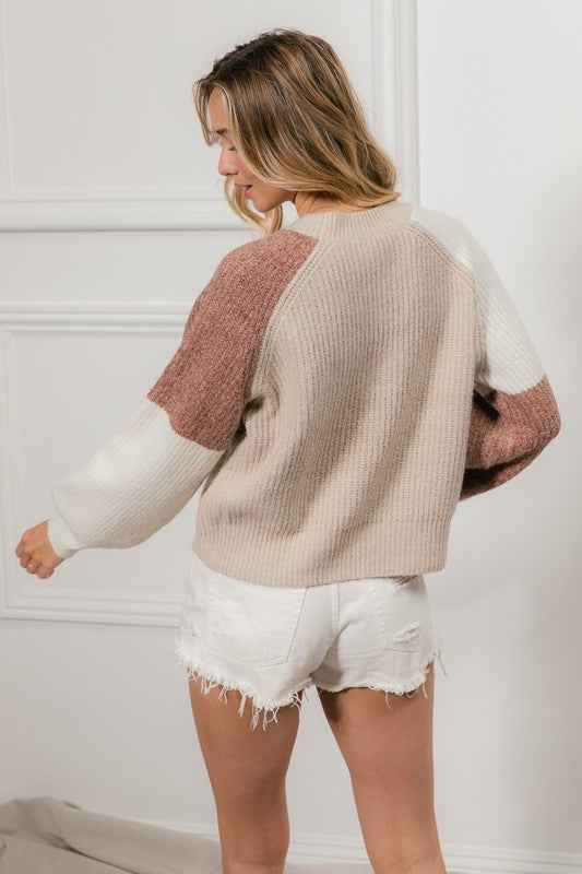 COLOR BLOCK RAGLAN SWEATER PULLOVER - (Mocha/Oatmeal)