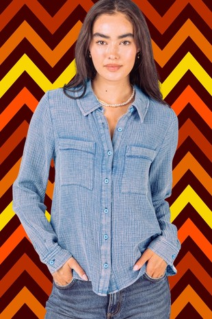 Clara Washed Gauze Button Down Top- (Denim)