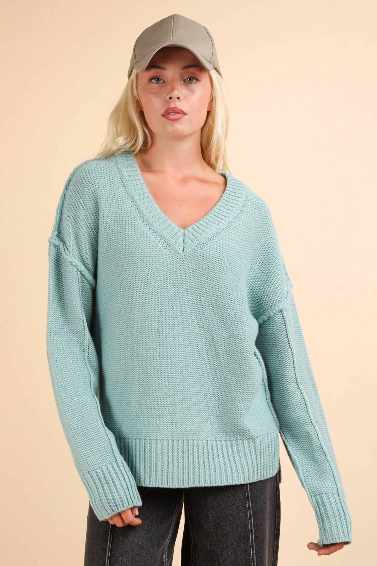 Oversized Chunky V-Neck Casual Knit Sweater Top - (Ocean)