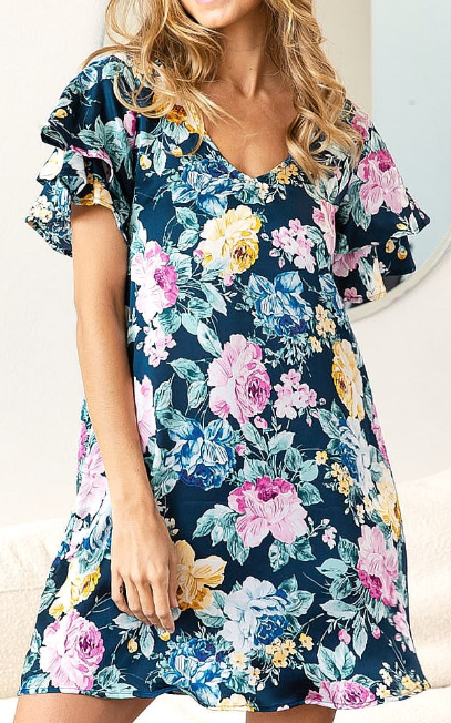 Fun and Flirty Floral Satin Ruffle Midi Dress- (Navy)