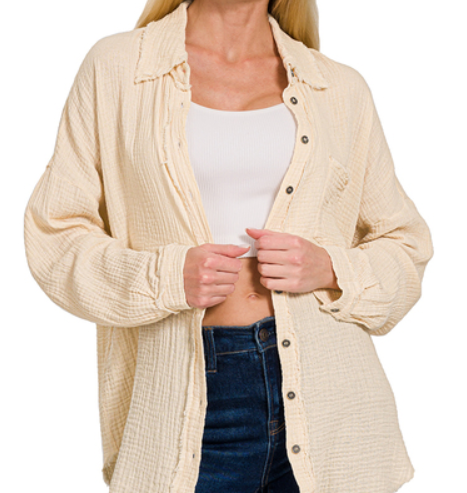 Dana Gauze Button Down - (Light Beige)