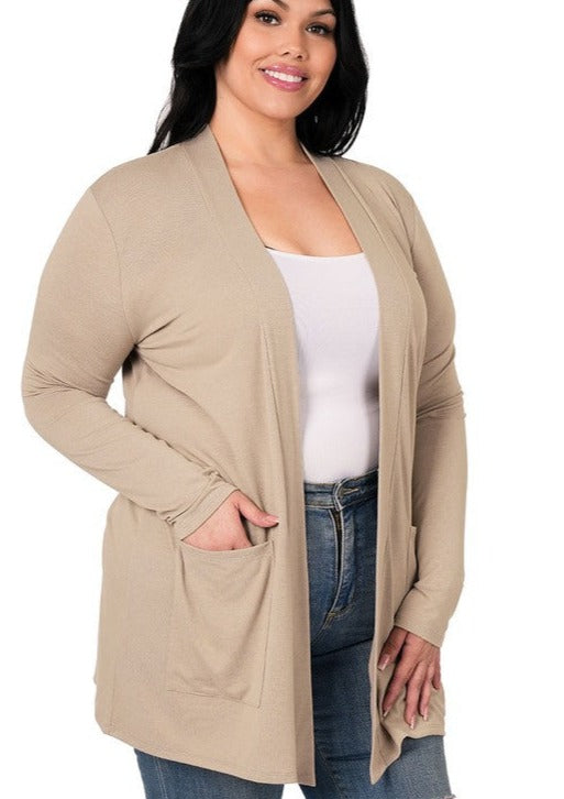 Plus Mimi Open Front Cardigan- (Taupe)