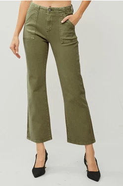 Risen High Rise Patch Pockets Ankle Flare Pants- (Olive)
