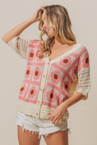 FLOWER PRINTED CROCHET BUTTONED CARDIGAN - (Peach)