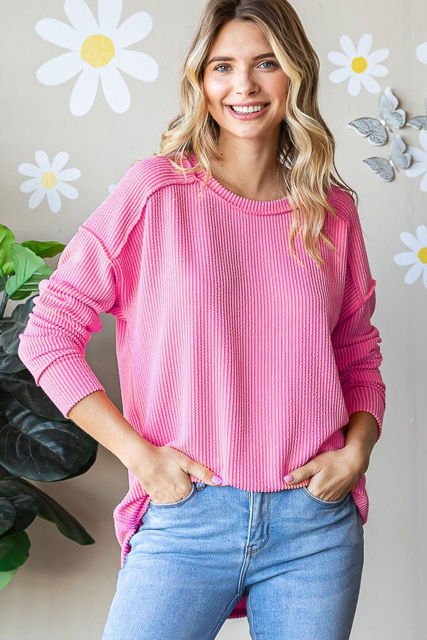 Rebecca Ribbed Pullover Top - (Fondant Pink)