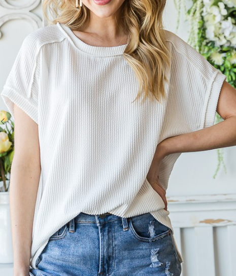 RESTOCK Ellie Ribbed Short Sleeve Top - (Off White)