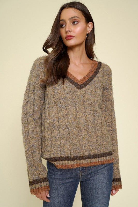 Sophie V Neck Color Block Cable Knit Sweater- (Taupe Multi)