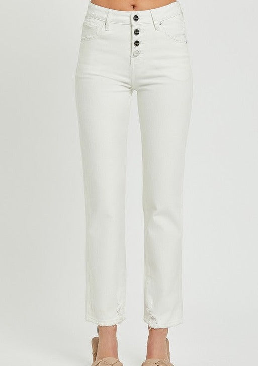 Mid- Rise Button Down Slim Tapered Jean- (White)