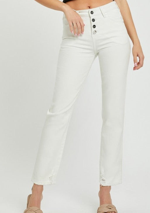 Mid- Rise Button Down Slim Tapered Jean- (White)