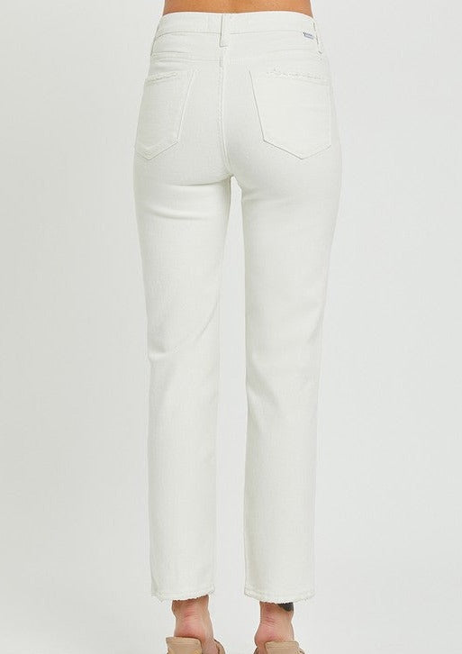 Mid- Rise Button Down Slim Tapered Jean- (White)