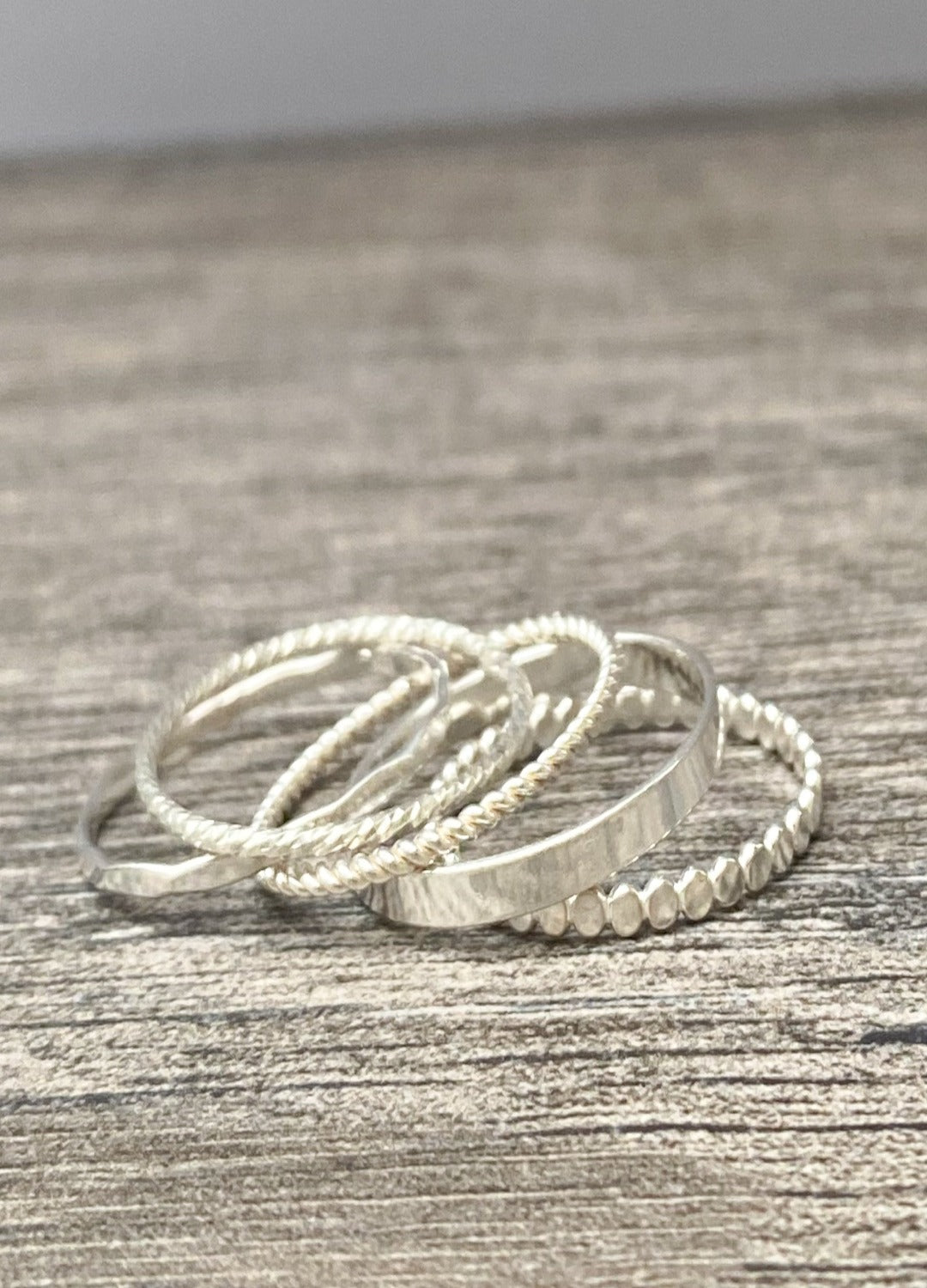 5 Stacking Skinny Rings (Sparkle, Flat, Beaded, Twisted, Hammered)
