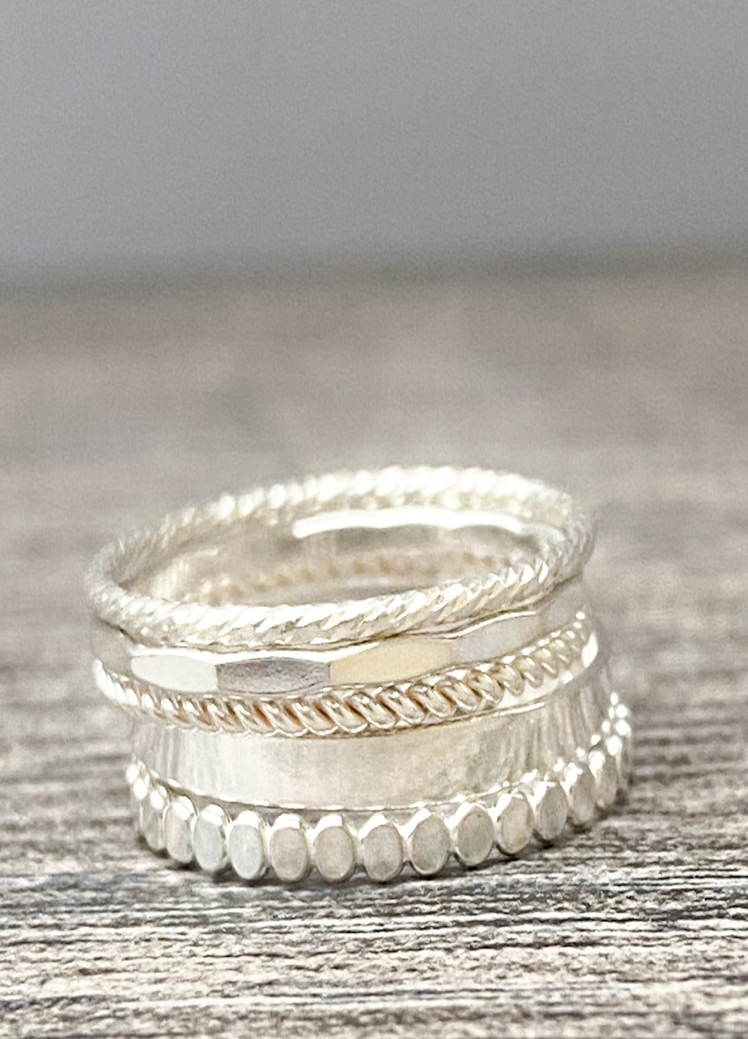 5 Stacking Skinny Rings (Sparkle, Flat, Beaded, Twisted, Hammered)