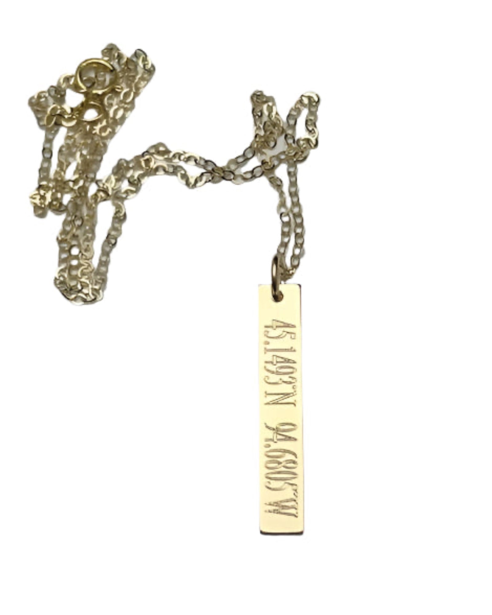 Gold necklace with a rectangular tag on a white background